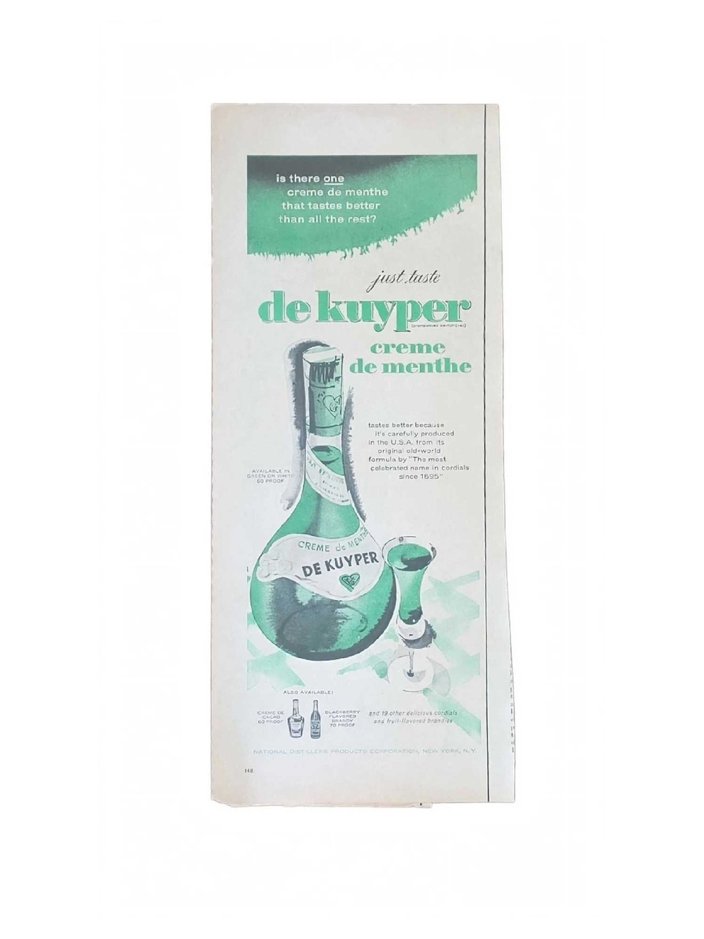 Vintage 50s De Kuyper Creme de Menthe Green Bottle Art Print Ad